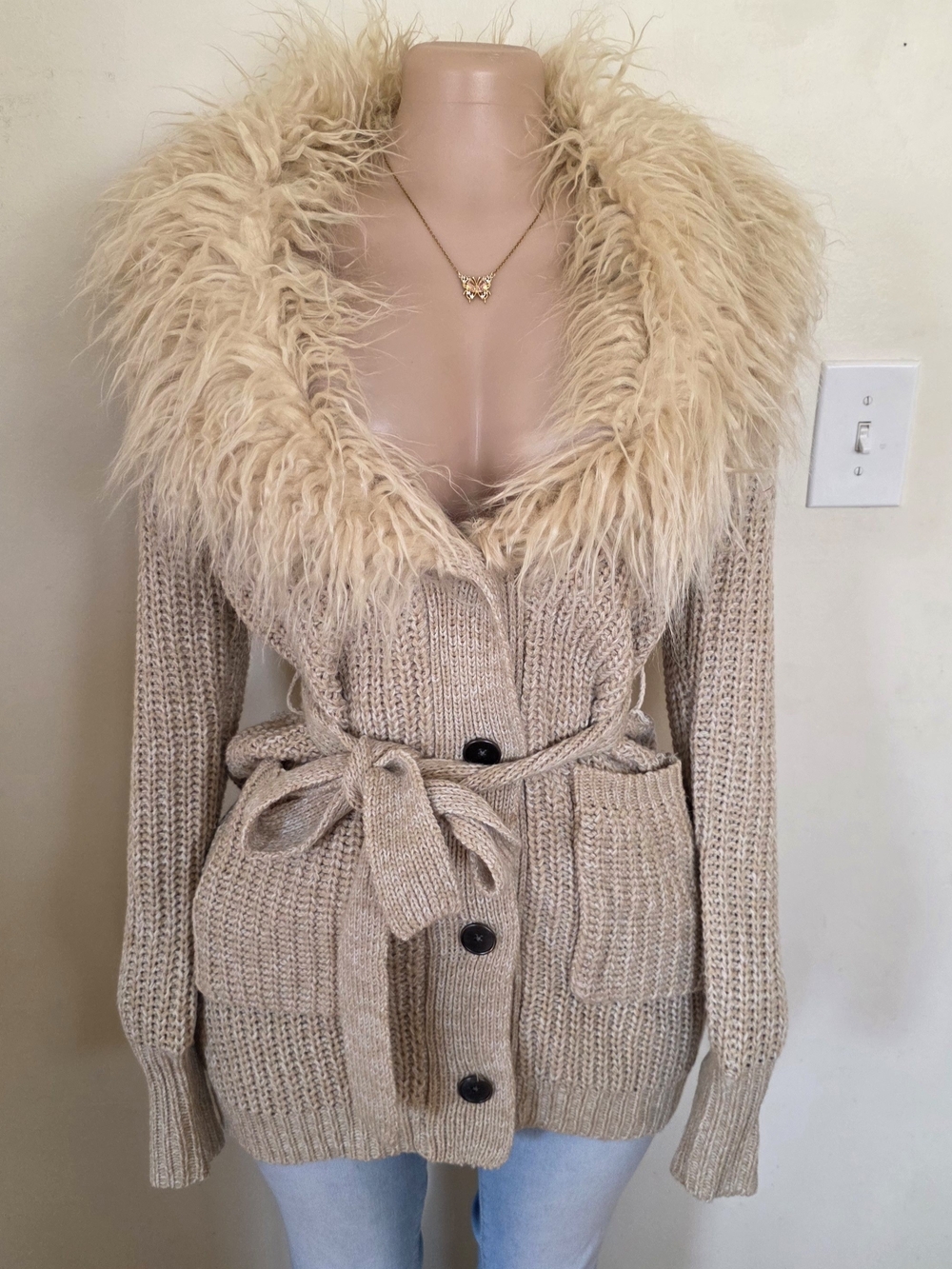 Jessica Simpson Beige Fur Collar Belted Cardigan Sweater
